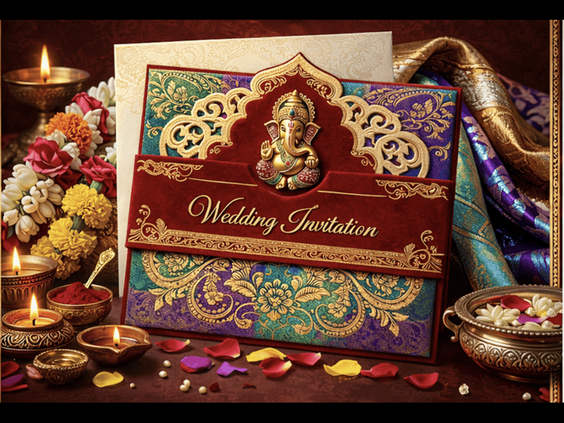 Wedding card with gold foil printed in Chennai by Super Printers, Pallavaram press